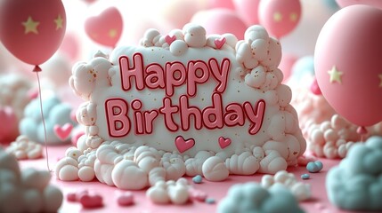 Playful Cartoon-Style 3D 'Happy Birthday' Text with Clouds, Hearts, and Floating Balloons on a Soft Pink Background - A Cute, Cheerful, and Animated Design with Stars and Pastel Colors