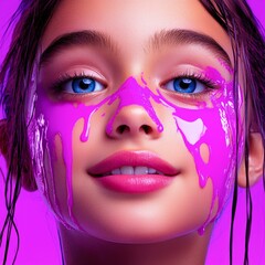 A close-up portrait of a young girl with vivid blue eyes and a playful expression, her face covered in dripping pink paint, set against a vibrant purple background, Perfect for themes of creativity