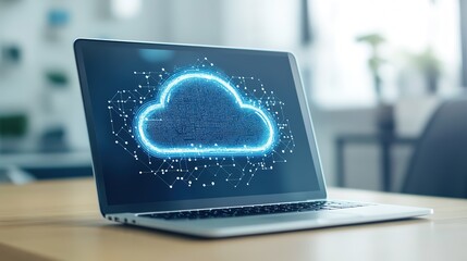 Digital cloud concept on laptop screen in office setting