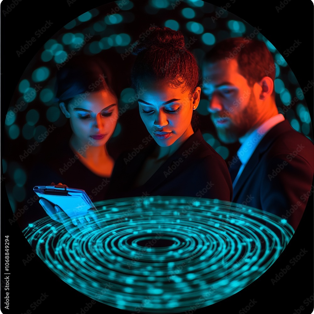 Poster three diverse professionals look at a tablet with a glowing blue data circle in front of them.