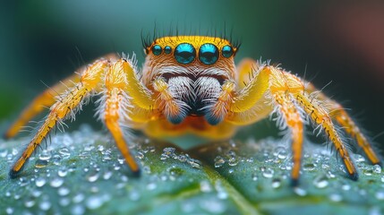 A yellow and orange jumping spider with vibrant blue eyes stares directly at the camera, perched on a green leaf covered in dew drops.