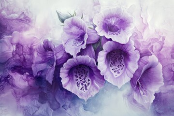 A foxglove in fluid purples and soft whites, petals blending in an abstract vertical flow on a misty background