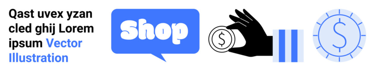 Shop button with chat bubble, hand holding a coin, pause button, and dollar symbol in a security shield. Ideal for e-commerce, online payments, financial security, digital marketing, web banners