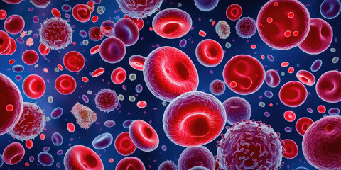 Close up view of blood cells with molecular structures, showcasing intricate details