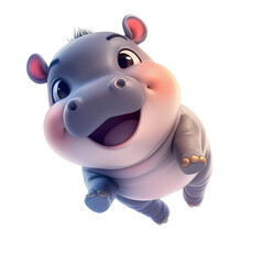 Cute fat hippopotamus bouncing and floating, 3D cartoon. PNG transparent.