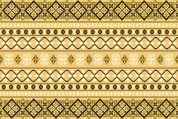 Embroidery ethnic oriental pixel art pattern.Traditional ethnic motifs ikat geometric fabric pattern cross stitch.Aztec style,abstract background vector illustration.Texture,scarf,decoration,wallpaper