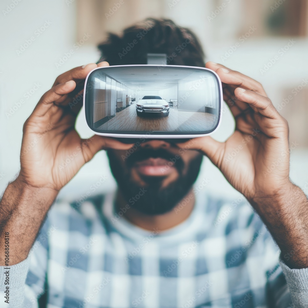 Poster Man using VR headset to view a car.