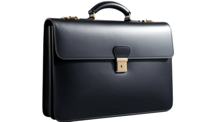 Black leather briefcase isolated on transparent background