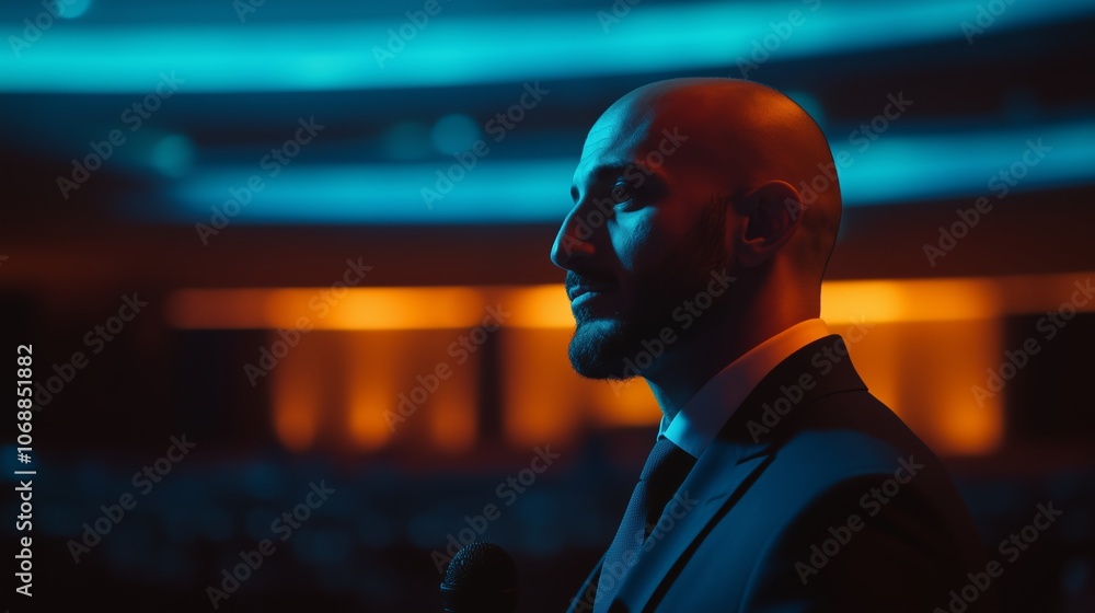 Poster a speaker dressed in a suit addresses an audience during a nighttime event with dramatic lighting cr