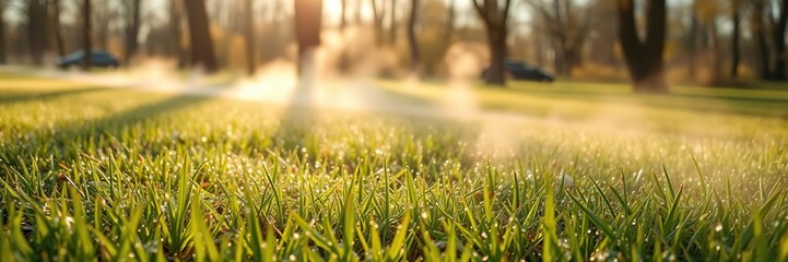 A serene spring morning scene with dew-kissed grass and a warm mist rising from the ground, illuminated by soft sunlight filtering through trees, natural, serenity
