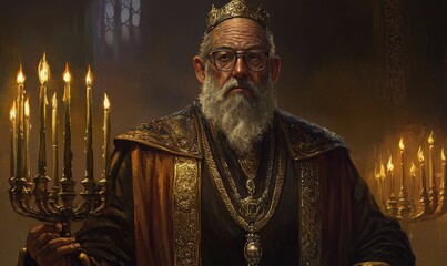 Elderly king holds candelabra in dark room.