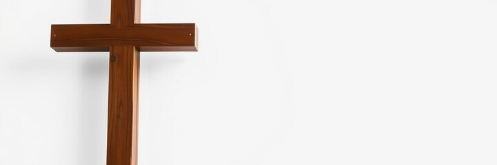 Against a clean and simple white background, a sturdy wooden Christian cross takes center stage, its solid presence commanding attention and respect, stability, solidity
