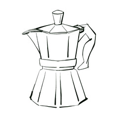 Graphic silhouette of a coffee pot. Food illustration in sketch style. Hand drawn illustration on white background for cafe menu, restaurant, prints