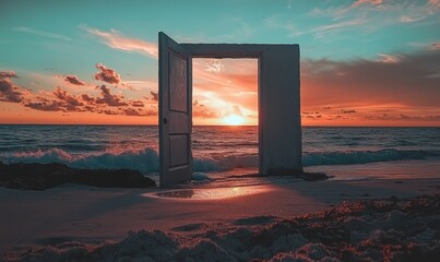 Open door leads to ocean sunset.