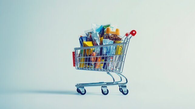 Shopping cart full of groceries on a light background