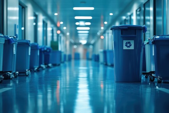 Blue recycling bins in a hospital corridor highlight waste management practices