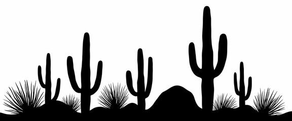 Fototapeta premium Silhouette of cacti and desert plants against a white background