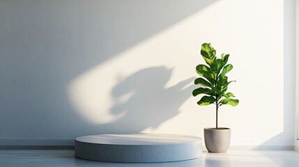 Minimalist empty podium in natural light, placed on a stylish stage with a decorative plant, showcasing simplicity and elegance