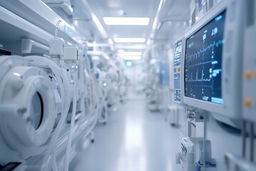 Fototapeta premium Advanced medical equipment in a sterile hospital corridor during a busy morning shift
