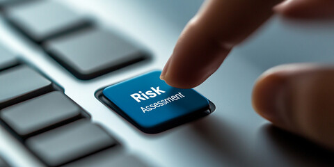 close up of finger about to press button labeled Risk Assessment, highlighting importance of evaluating potential risks in decision making