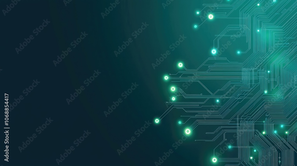 Poster a digital abstract background featuring glowing green circuit patterns against a dark blue backdrop.