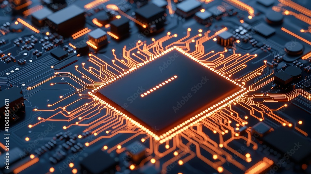 Aufkleber a detailed view of a microprocessor on a circuit board, illuminated by orange lights, showcasing int