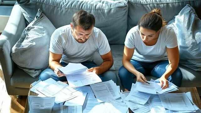 Couple sitting on a sofa going through financial documents together. Warm and focused scene ideal for personal finance, budgeting, financial planning, and lifestyle content