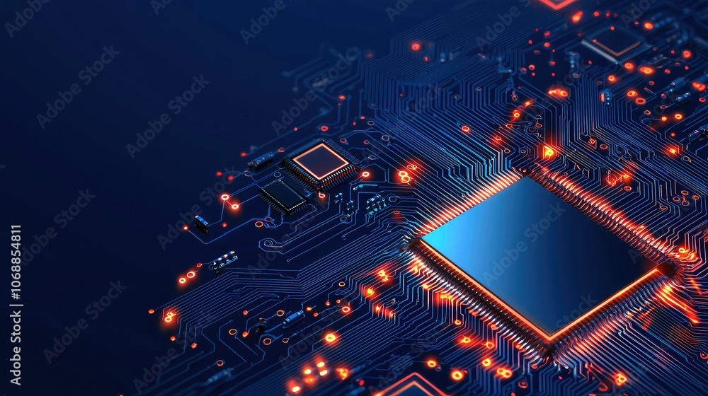 Poster a close-up view of a computer chip surrounded by glowing circuitry, highlighting modern technology a