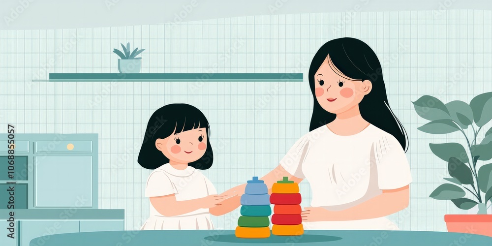 Poster mother and child enjoy quality time together while playing with colorful stacking toys