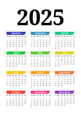 Calendar for 2025 isolated on a white background