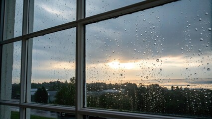 Rain-soaked windowpane reflects the faint light of the sky, creating an ethereal scene, evening, window, reflection