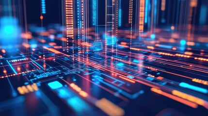 Fototapeta premium A vibrant digital landscape showcasing intricate circuitry and glowing lines, emphasizing technology and data flow in a futuristic design.