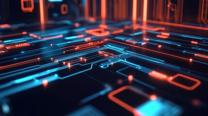A vibrant, futuristic digital circuit board featuring intricate patterns in blue and orange hues, symbolizing advanced technology and connectivity.