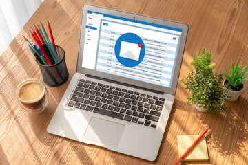 Fototapeta premium Email notification message showing on computer screen snugly. Digital marketing message information text from business to customer client