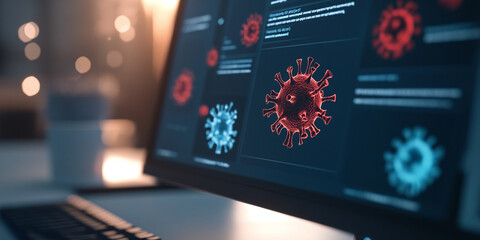 close up view of computer screen displaying virus alerts and graphics, highlighting virus structure in red and blue. atmosphere is tense and focused