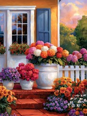 Fototapeta premium Colorful Flower Pots Brighten Up a Charming Home Entrance