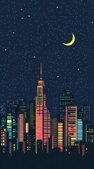 Naklejka premium Colorful night skyline with stars and moon over modern city buildings.
