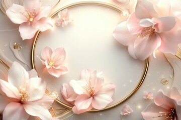 A luxurious, floral-themed digital design with soft pink and white flowers surrounding a round, golden frame.	
