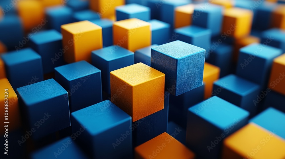 Poster abstract 3d rendering with blue and yellow cubes, geometric concept
