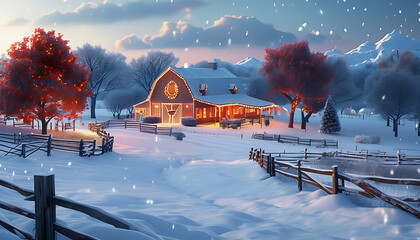 cozy snow covered farm with festive lights and trees