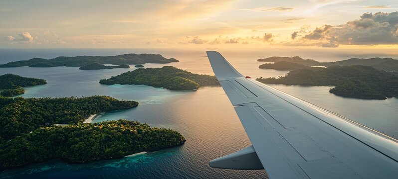 Fototapeta Aerial view of islands and ocean during sunset, seen from an airplane window, capturing the beauty of nature and travel.