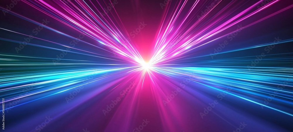Poster vibrant abstract illustration showcasing dynamic beams of colorful light converging, creating an atm