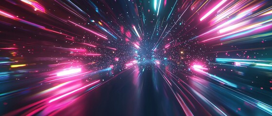 Naklejka premium Vibrant burst of colorful lights in a dynamic, abstract composition representing speed and innovation against a dark backdrop.