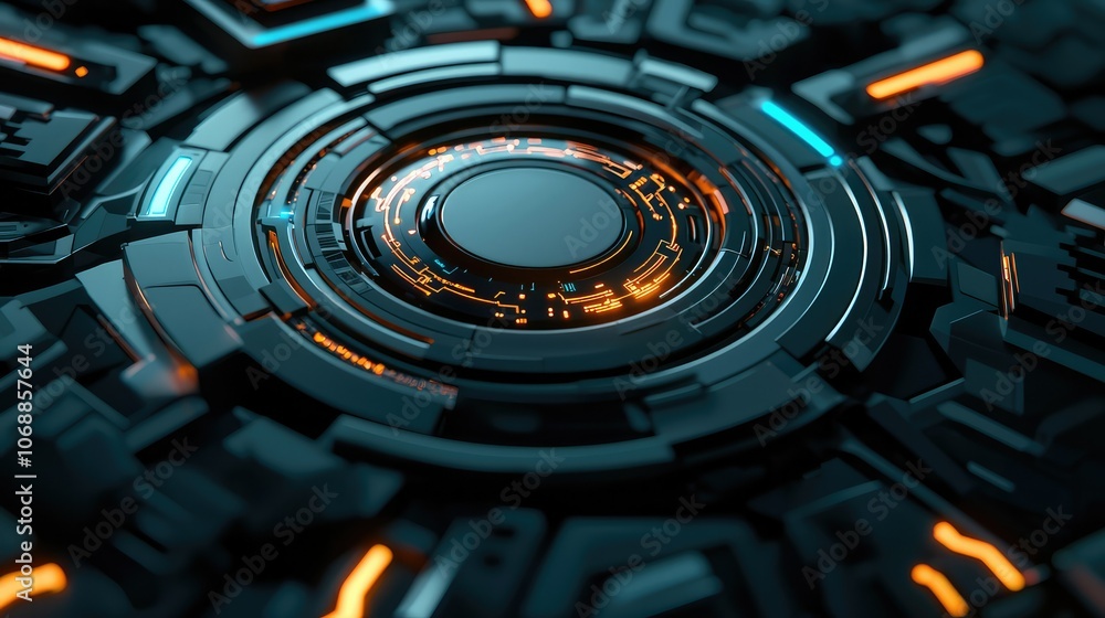 Poster a futuristic, close-up view of a metallic circular design featuring glowing elements in a dark, high
