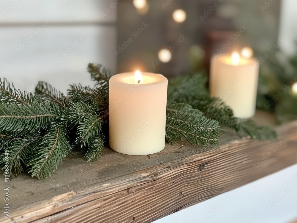 Poster softly glowing candles on a rustic wooden shelf adorned with evergreen foliage, creating a warm and 