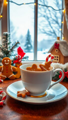 Fototapeta premium Christmas arrangement: tea cup with gingerbread cookies, candies and marshmallow dessert with garlands and Christmas decorations by the window with a beautiful winter holiday view.