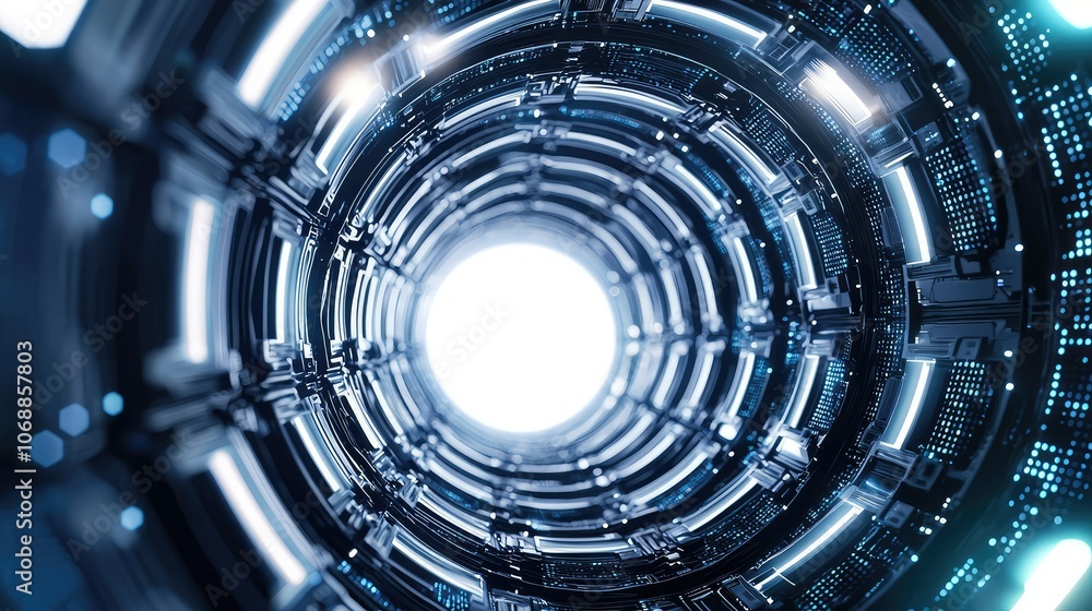 Poster a futuristic tunnel featuring a bright center, surrounded by intricate metallic patterns and glowing