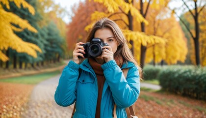 Young pretty woman takes pictures with DSLR camera outdoors on autumn background