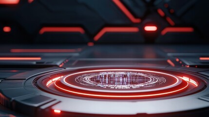 A futuristic, circular interface with glowing red accents set against a dark background, suggesting advanced technology and digital interaction.