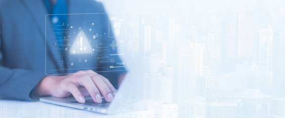 Warnings exclamation mark alerts in computer systems to be aware of the dangers and risks of cyberattacks on the Internet. Malicious software to secure online logins on websites	
